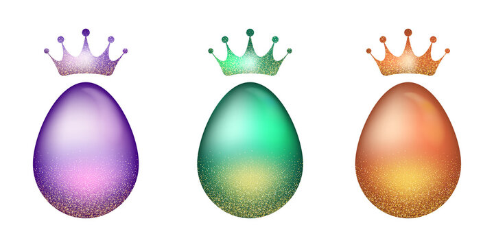 Set of vibrant 3D Easter eggs with golden crowns and sparkling glitter. Luxury liquid gradient eggs collection isolated on transparent background. 3d render illustration.