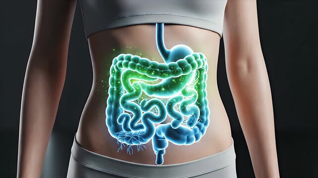 Glowing Blue Human Digestive System Anatomy Detailed View Female Torso Medical Education Awareness Corporate Presentation