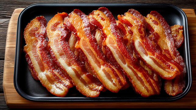 Premium smoked bacon strips arranged in black tray on wooden table, top view, for breakfast food packaging and advertising.