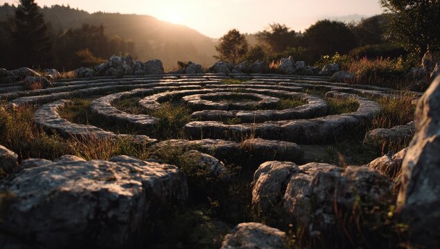 Ancient stone labyrinth under warm sunlit sky, surrounded by nature