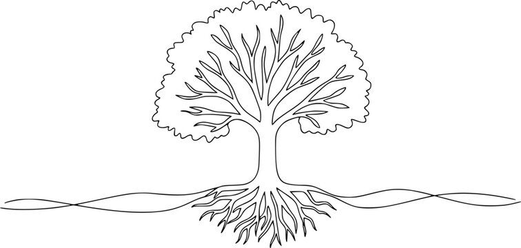 Minimalist continuous line drawing depicting a tree with strong roots and a flowing ground line