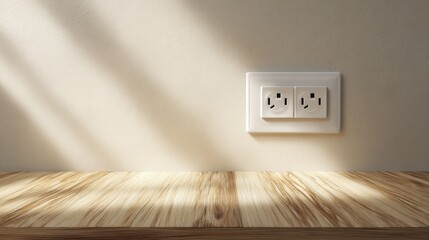 Warm Sunlight Bathes Beige Textured Wall With Double Electrical Outlet And