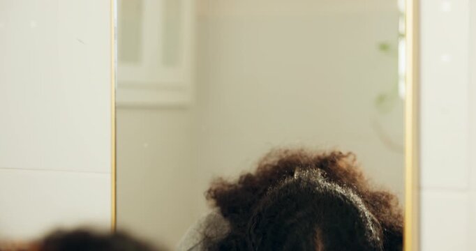 Bathroom, mirror and woman with mouthwash, home and grooming for oral hygiene and cavity prevention. Cleaning, mouth and person with routine for gums, reflection and dental care with liquid or rinse