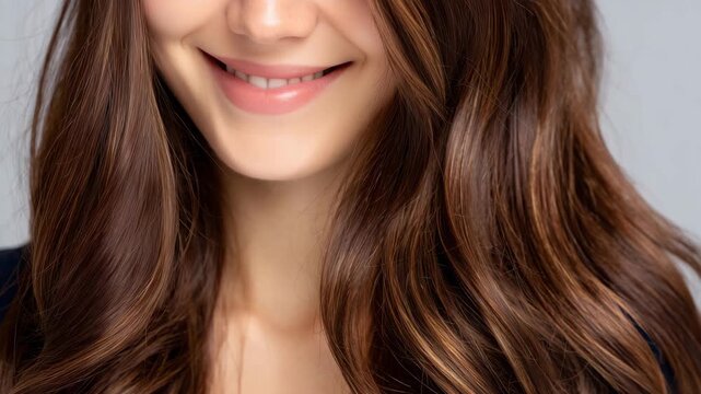 221High-resolution close-up of a woman&rsquo;s brown hair, layered strands and subtle highlights in focus, smooth bokeh background, professional cosmetic photography style