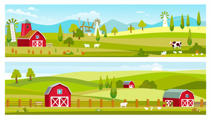Colorful illustration depicts a peaceful countryside farm scene with barns and animals © bashanti