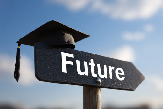 Future road sign graduation cap education direction success concept blue sky hopeful future road sign with graduation cap