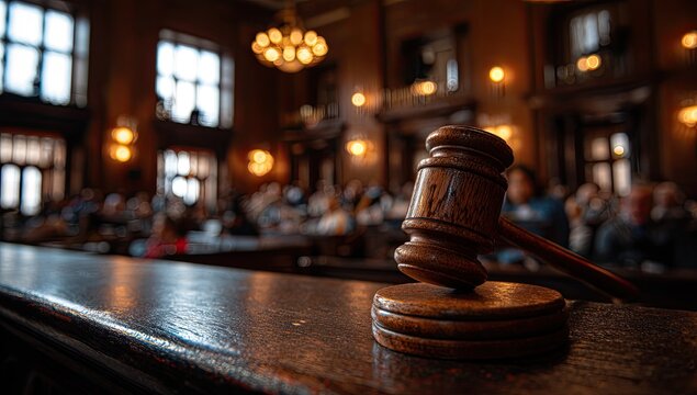 A judge's gavel rests on a wooden desk in a dimly lit, ornate courtroom