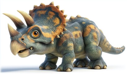 Fototapeta premium 3D cartoon triceratops dinosaur isolated on white background. Friendly prehistoric animal character for kids educational poster, digital sticker, or creative t-shirt graphic design.