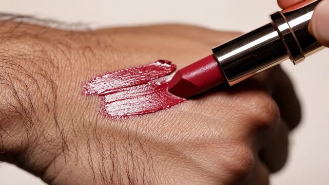 Man applying red lipstick on hand.