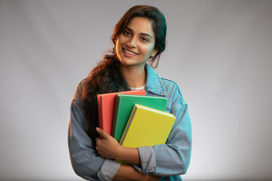Happy Indian Female College Student Holding Books Isolated on White Background, Smiling University Student Portrait, Education Concept, Photorealistic