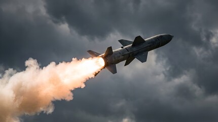 Military Missile Launching with Fiery Exhaust Against Dramatic Stormy Sky.