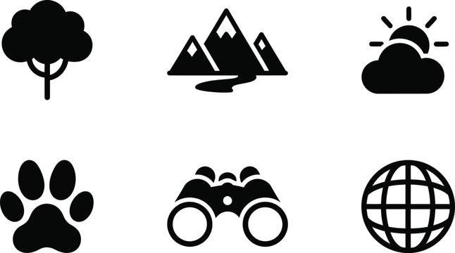 Nature and camping flat design vector icon set, minimalist outdoor adventure symbols, scalable black and white illustrations