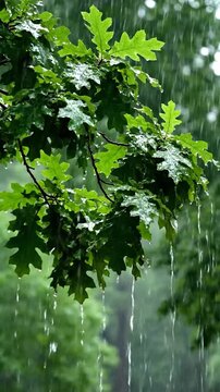 A large tree with wet leaves during a rain shower