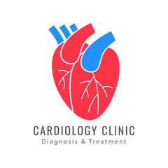 Fototapeta premium Cardiology clinic logo template. Stylized human heart icon used for cardiology centers, heart health monitoring apps, medical data analysis, and healthcare branding. Professional medical clipart.