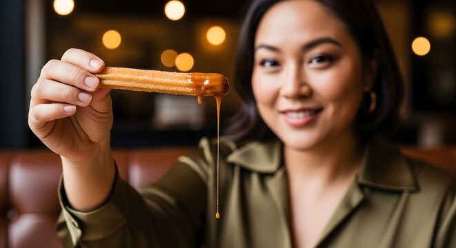 Woman holds churro with flowing caramel dessert food concept