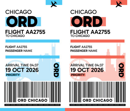 ORD Chicago, USA luggage label, boarding pass template. Vector minimalist illustration with airport code, city destination, flight info. Flat, modern image layout