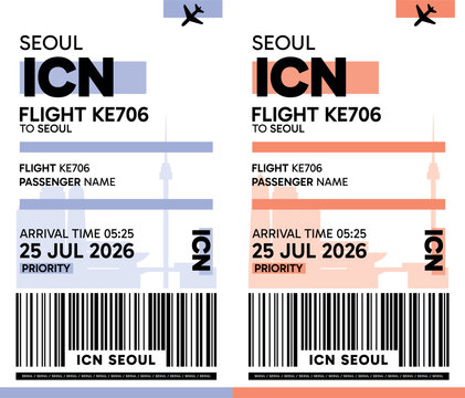 ICN Seoul, South Korea luggage label, boarding pass template. Vector minimalist illustration with airport code, city destination, flight info. Flat, modern image layout