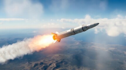 Powerful Rocket Launching into Sky with Fiery Exhaust and Smoke Trail.