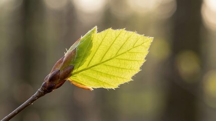 Close-up of bright green leaf against forest background highlighting nature's renewal in springtime