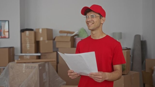 Man reading a printed delivery note while holding the paper document in a building filled with stacked cardboard boxes; confidence.
