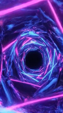 Abstract geometric tunnel with glowing neon lights in a dark void