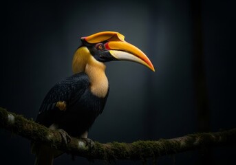 Obraz premium A majestic Rhinoceros Hornbill portrayed in dramatic low light, its iconic casque glowing under a focused spotlight. Set against a nearly black rainforest background, the image radiates authority, rar