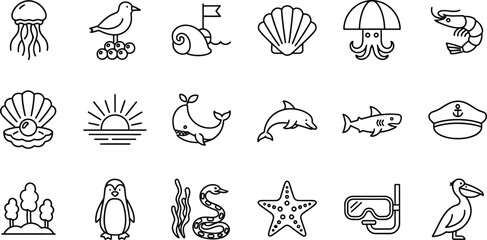 Sea life and summer beach icons set, flat design ocean animals and vacation elements vector illustration © MstSabrina