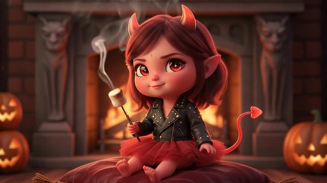 Cute Cartoon Devil Girl by Fireplace on Halloween.