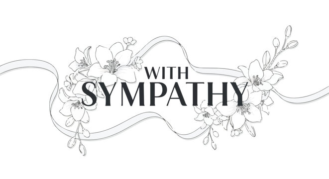 Elegant floral 'With Sympathy' inscription, monochrome design conveying profound condolences and respectful remembrance for solemn occasions.