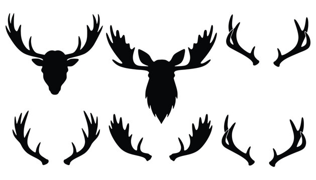 Deer silhouette icon set with antlers and moose head vector illustration