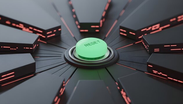 Futuristic Glowing Green Reset Button on High-Tech Dark Console - System Recovery Concept