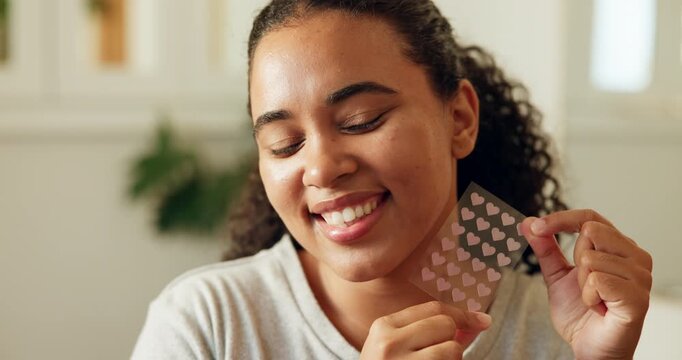 Face, woman and pimple patch in home with skincare, blemish control or smile for breakout benefits. Happy, female person and cosmetic product in bathroom for acne treatment, blackheads or dermatology