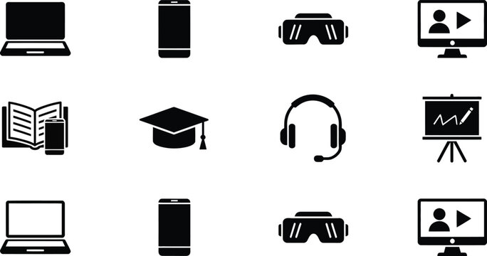 Education and technology vector icon set, flat design school and office elements collection, scalable vector illustration