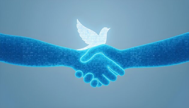 Abstract Digital Handshake Made of Blue Data Particles - Cyber Diplomacy and Peace Concept