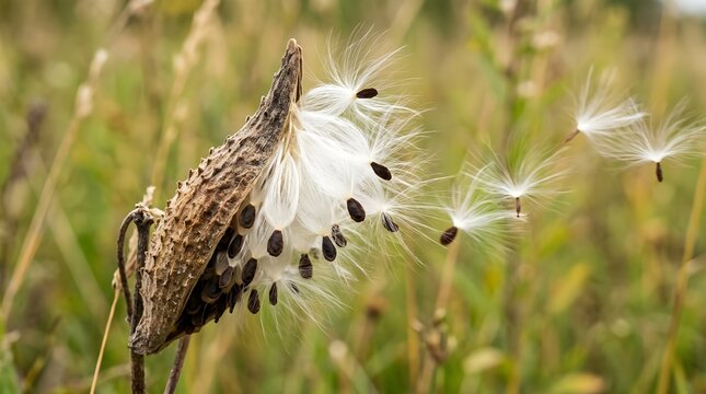Milkweed seed pod bursting open releasing numerous fluffy white seeds with dark centers carried away by the gentle breeze outdoors