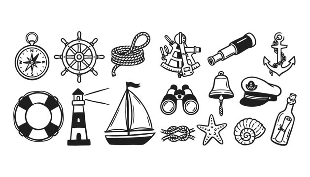 Nautical icon set including ship wheel and anchor illustrations