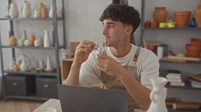 Man holding glasses with hands in a pottery studio, wearing apron and seated at table with laptop and ceramic vases; quiet contemplation.