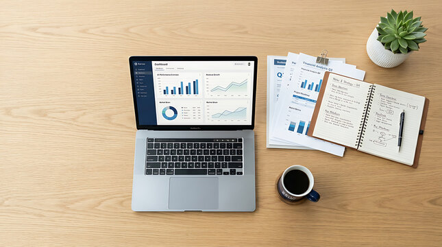 Overhead view of a modern workspace with a laptop showing business analytics, financial documents, a notebook, and coffee on a wooden desk.