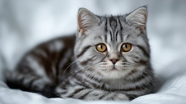 380Cute British Shorthair cat with silver tabby coat, isolated on white background, round face, amber eyes, plush dense fur, subtle studio shadow