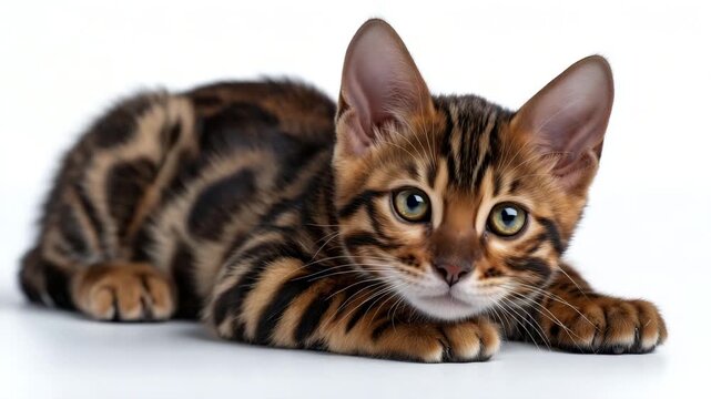 379Playful Bengal kitten crouching, isolated on white background, spotted coat pattern, alert ears, sharp focus on face and fur texture, soft shadowing