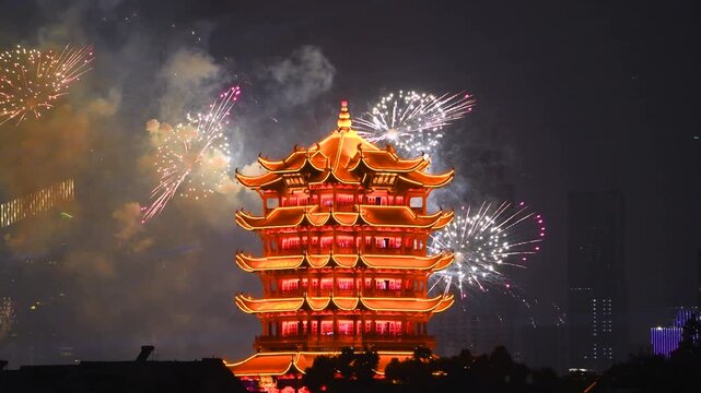 Close-up of Fireworks Display with Yellow Crane Tower in Wuhan, Hubei, China