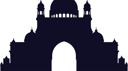 Islamic mosque silhouette with grand arch entrance, domes and towers, Arabic architecture landmark for Ramadan Kareem and Eid Mubarak celebration vector illustration © MdRaziur