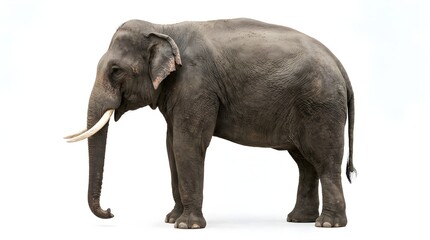 Obraz premium Majestic asian male elephant showcasing prominent tusks and textured gray skin standing in profile against a clean white background studio shot.