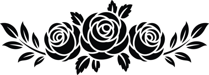Romantic rose vine border element, black vector illustration featuring intertwined roses and decorative floral motifs for wedding invitations stationery and elegant design. © Eva Elrod