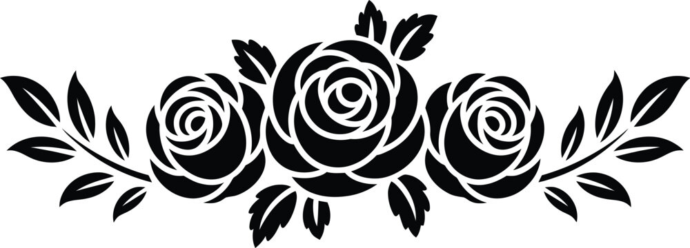 Romantic rose vine border element, black vector illustration featuring intertwined roses and decorative floral motifs for wedding invitations stationery and elegant design.