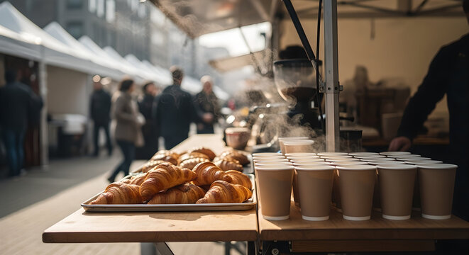 A bustling outdoor market stall displays fresh croissants and hot beverages attracting customers high-quality professional