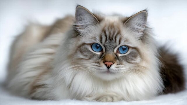 386Long-haired Ragdoll cat lounging, isolated on white background, fluffy cream and gray coat, striking blue eyes, relaxed pose, soft diffuse shadow beneath