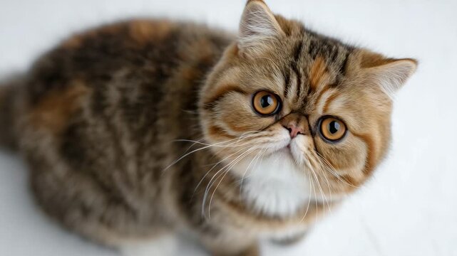 389Exotic Shorthair cat standing, isolated on white background, flat round face, short plush fur, bright expressive eyes, clean minimalist composition