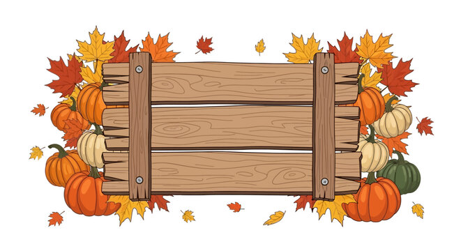 Rustic Wooden Crate Frame Bordered by Pumpkins, Gourds, and Colorful Autumn Leaves on an Isolated White Background