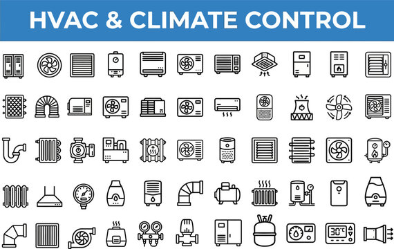 HVAC and Climate Control Outline Vector Icon Set &mdash; Ventilation and Heating Editable Stroke Icons for Web and App UI